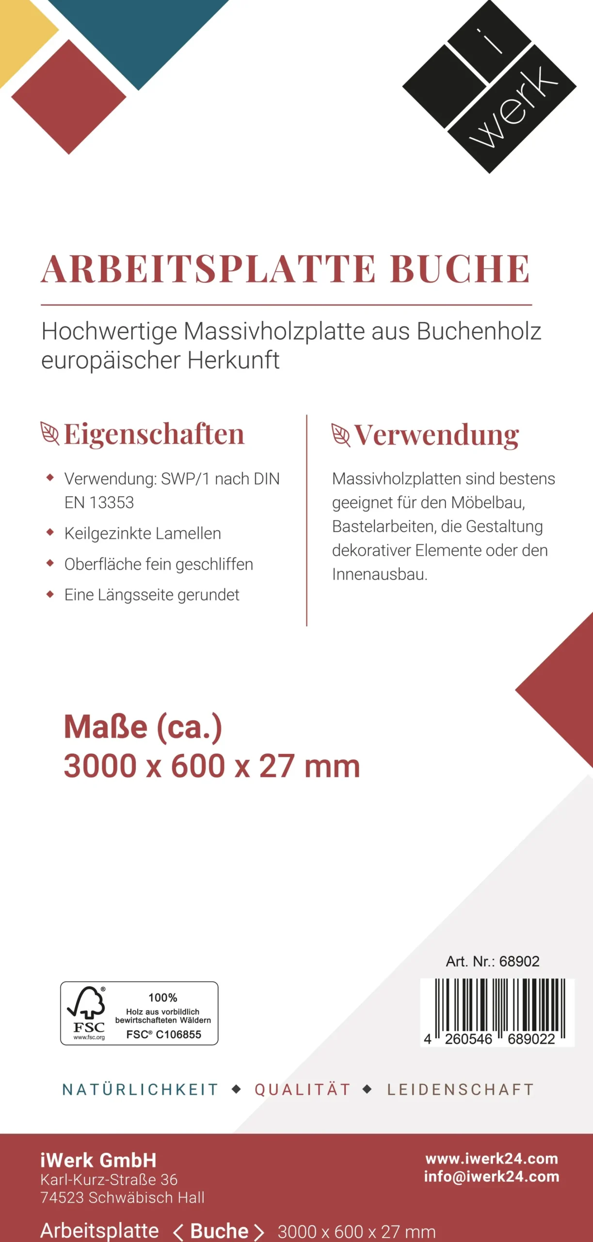 Arbeitsplatte Buche massiv 300 x 60 x 2,7 cm geschliffen