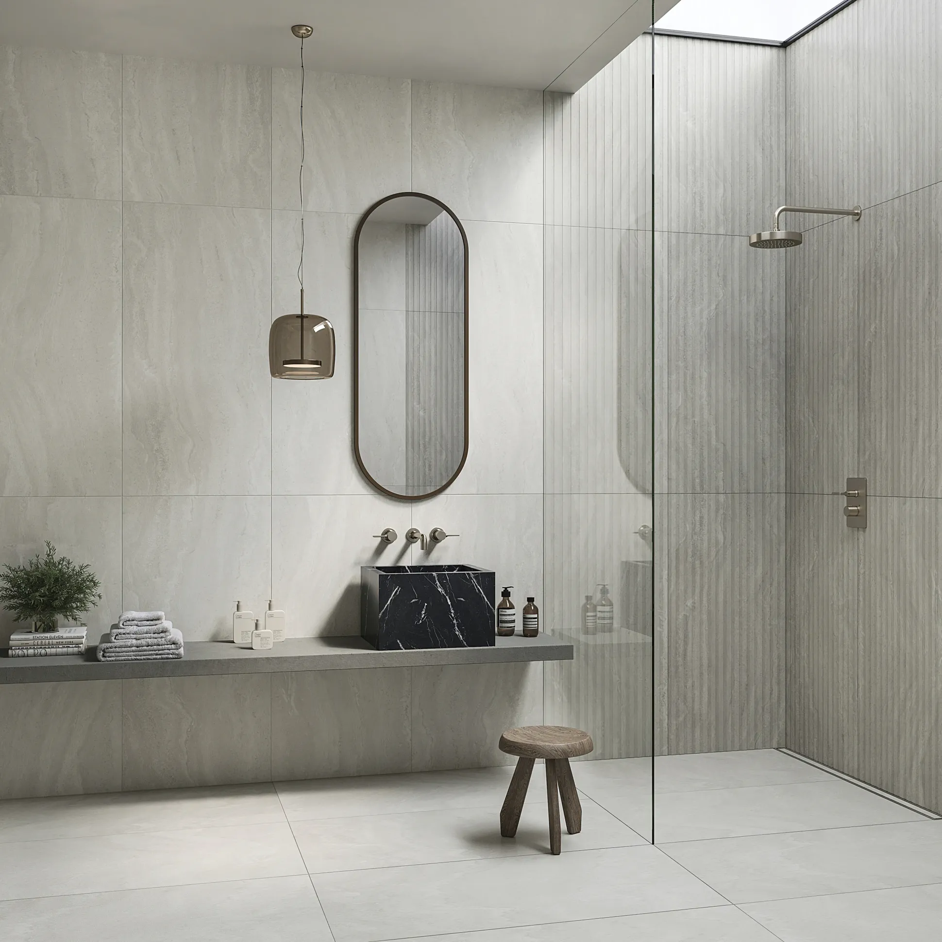 Bodenfliese Feinsteinzeug Travertino Decoro 60 x 120 cm grau/weiß