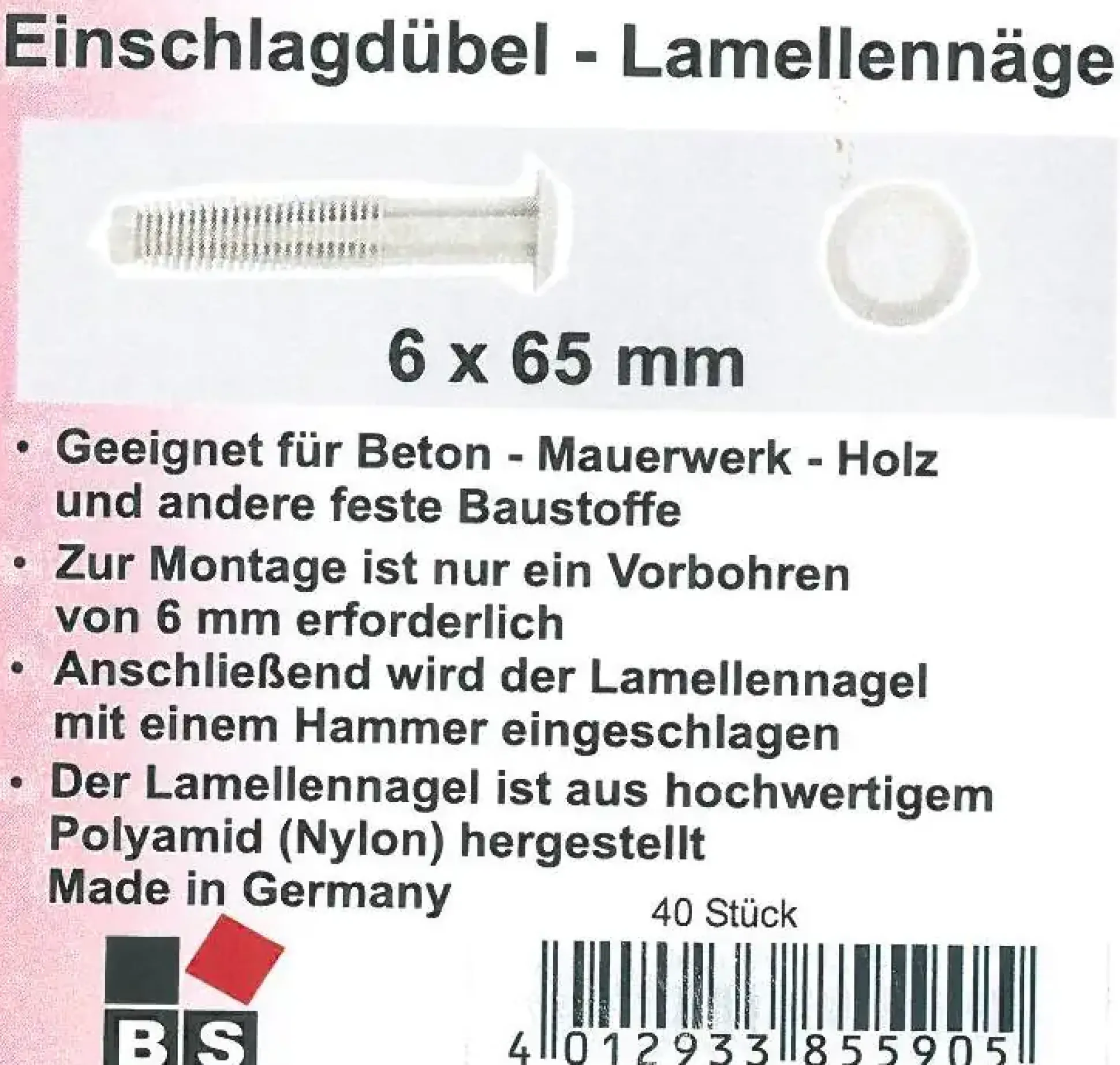 B.S. Bauprogramm Einschlagdübel weiß Ø 6 x 65 mm