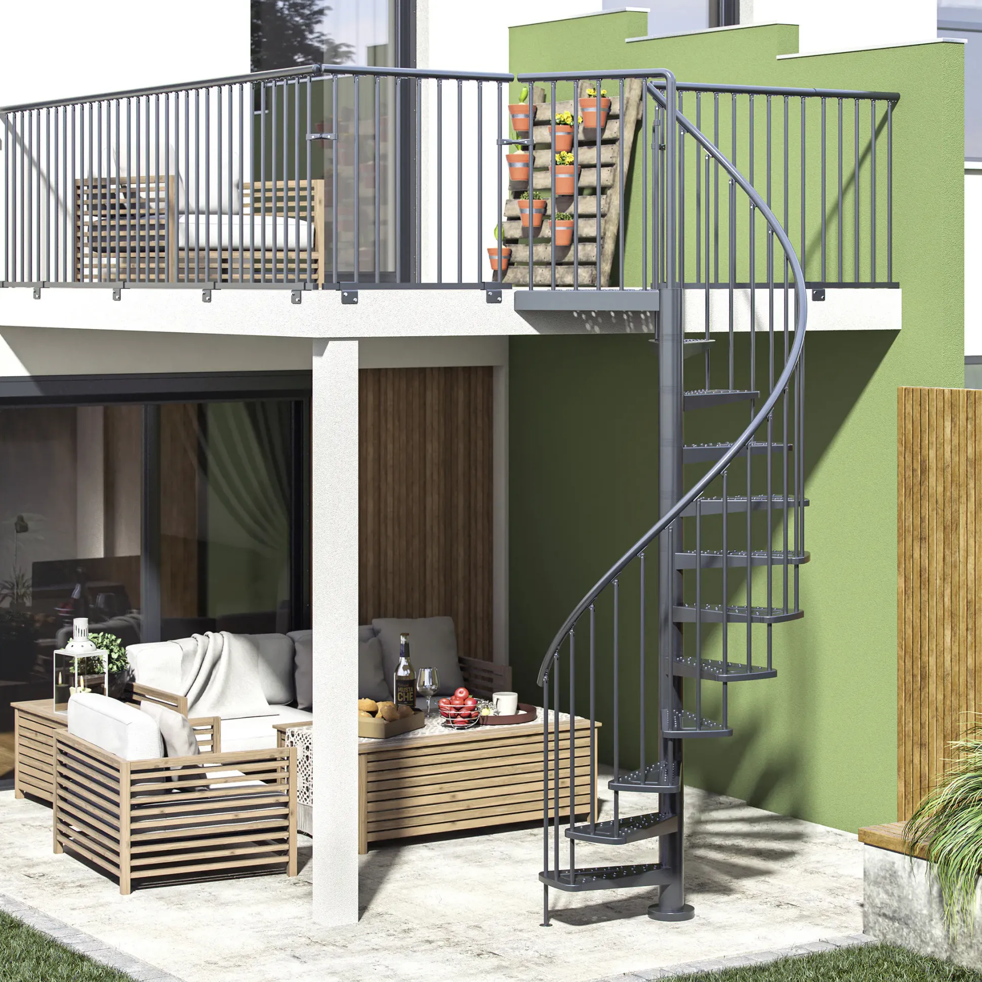 Dolle Außenspindeltreppe Gardenspin komplett 11 Stufen Ø 125 cm mit Metallstufen anthrazit