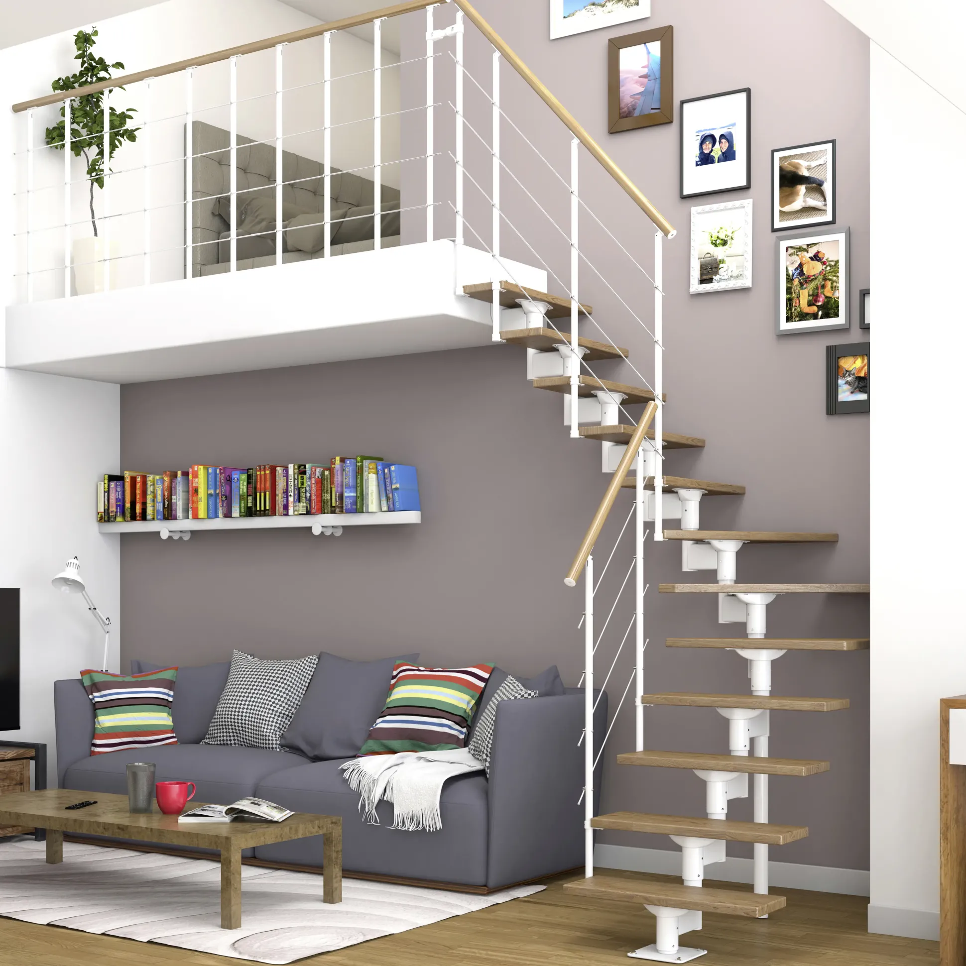 Dolle Mittelholmtreppe Boston 1/4gew. weiß 11 Stufen Eiche
