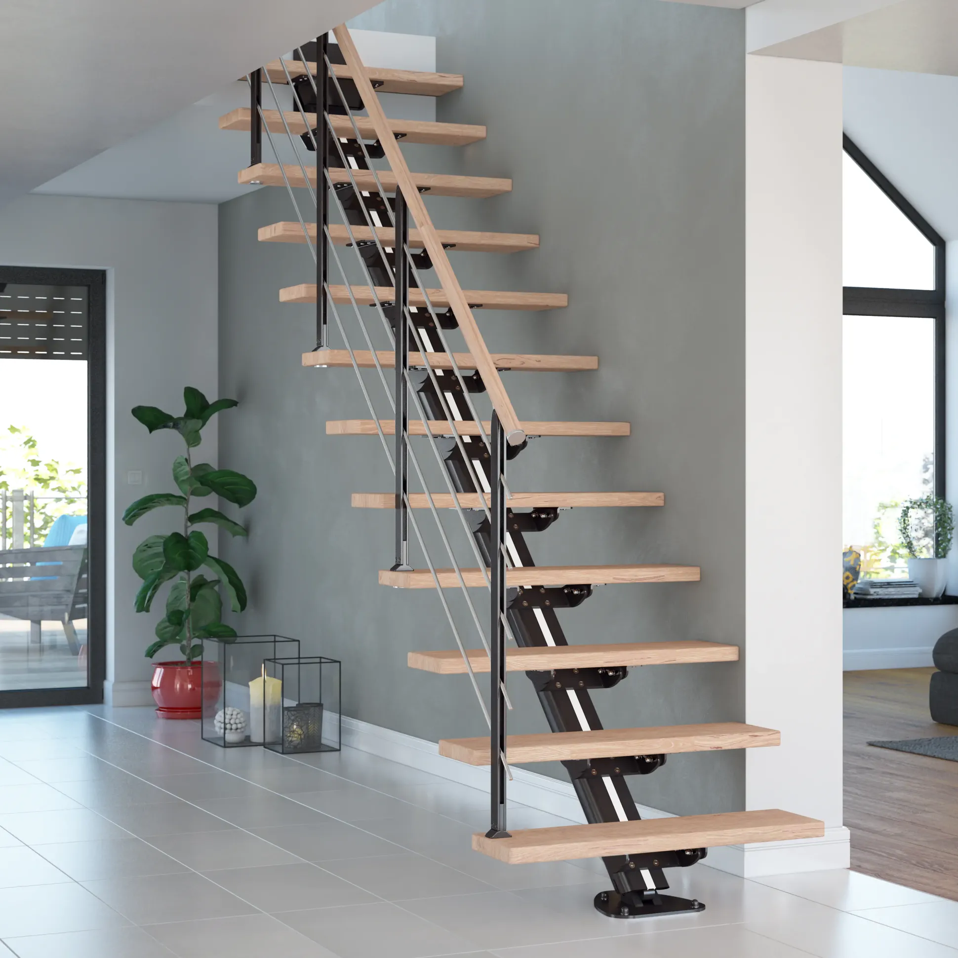 Dolle Mittelholmtreppe Sydney Eiche 75 cm 11 Stufen gerade mit Geländer anthrazit