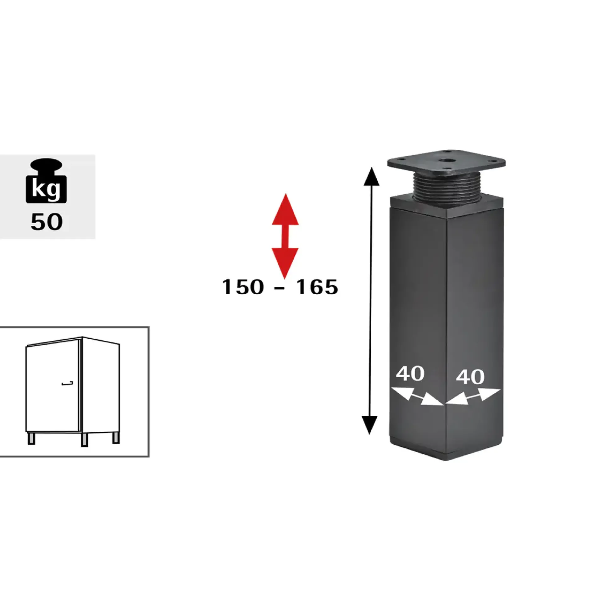 Hettich Möbelfuß 4,0 x 15 -16,5 cm Stahl schwarz - 1 Stück
