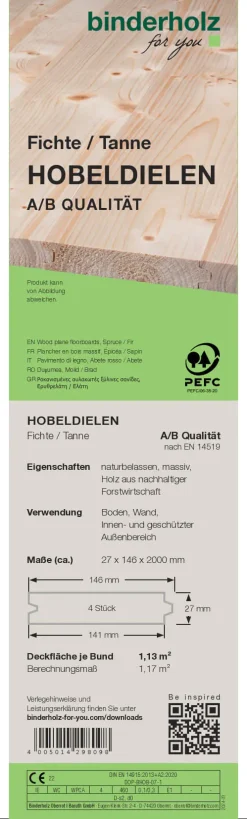 Hobeldiele Fichte Tanne 200 x 14,6 cm 27 mm gehobelt