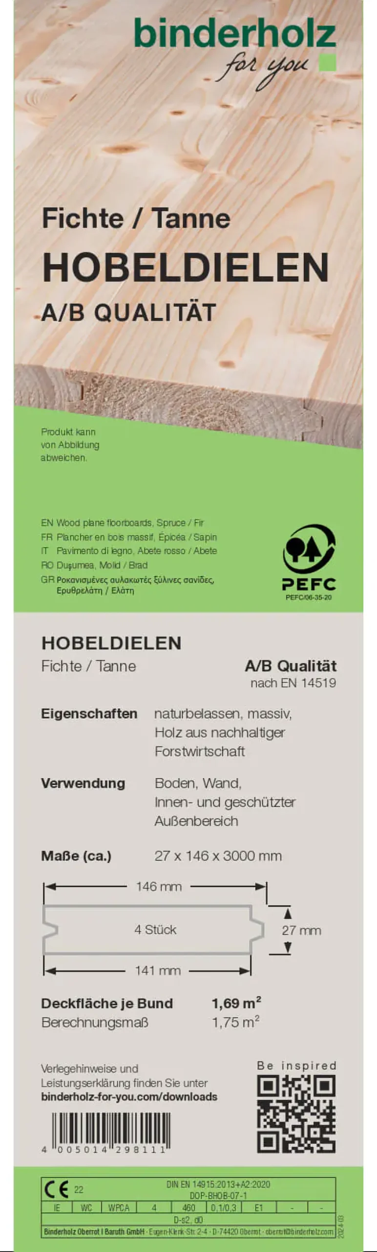 Hobeldiele Fichte Tanne 300 x 14,6 cm 27 mm gehobelt
