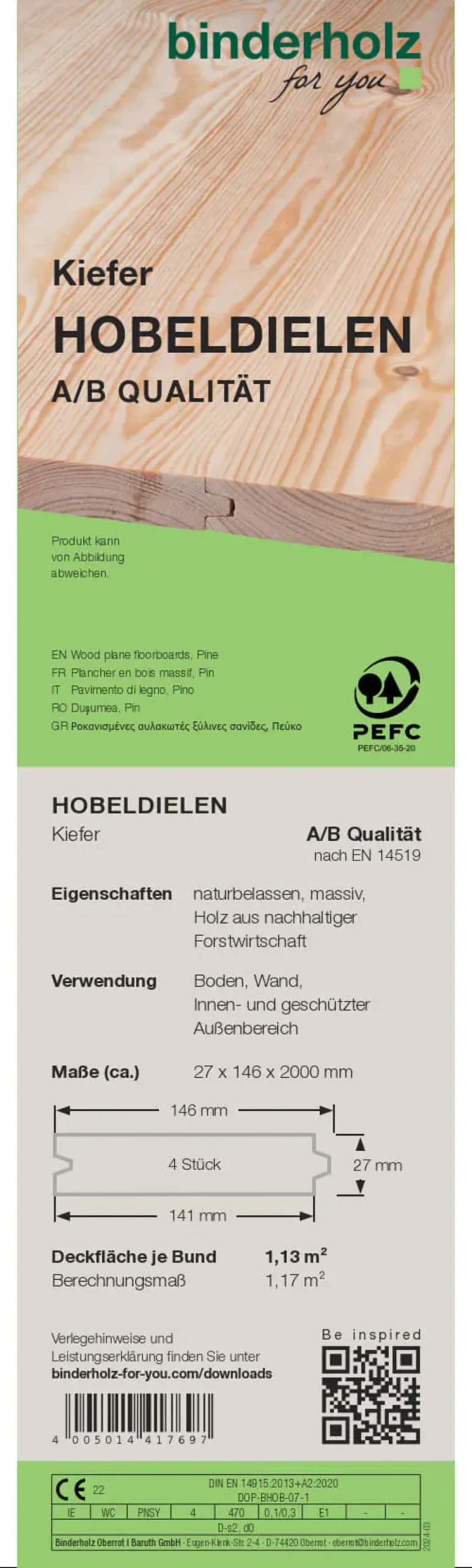 Hobeldiele Kiefer 200 x 14,6 cm 27 mm gehobelt