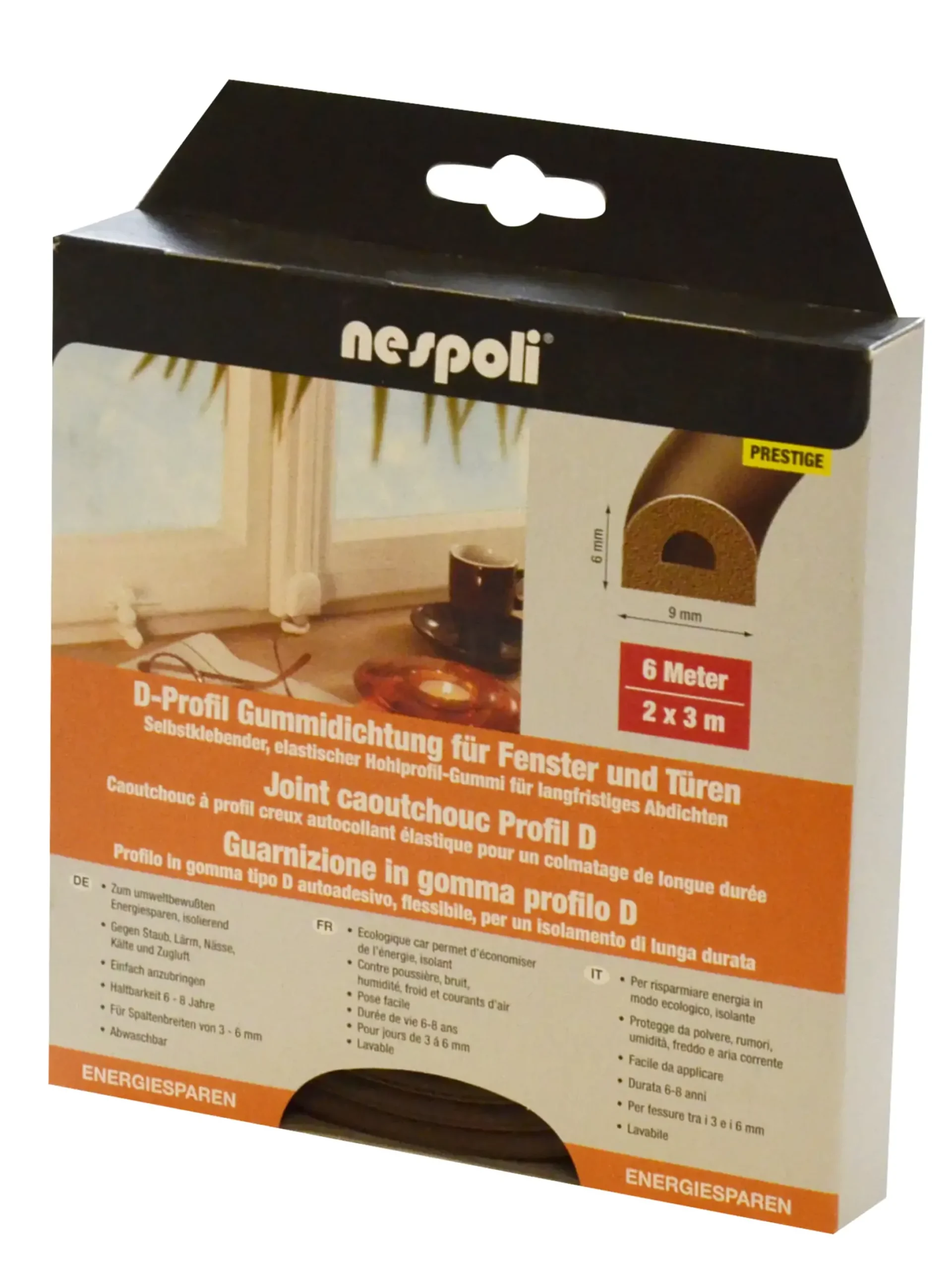 Nespoli Fenster- und Türdichtung mit D-Profil je 3 m, 9 x 6 mm, braun, 2 Stück