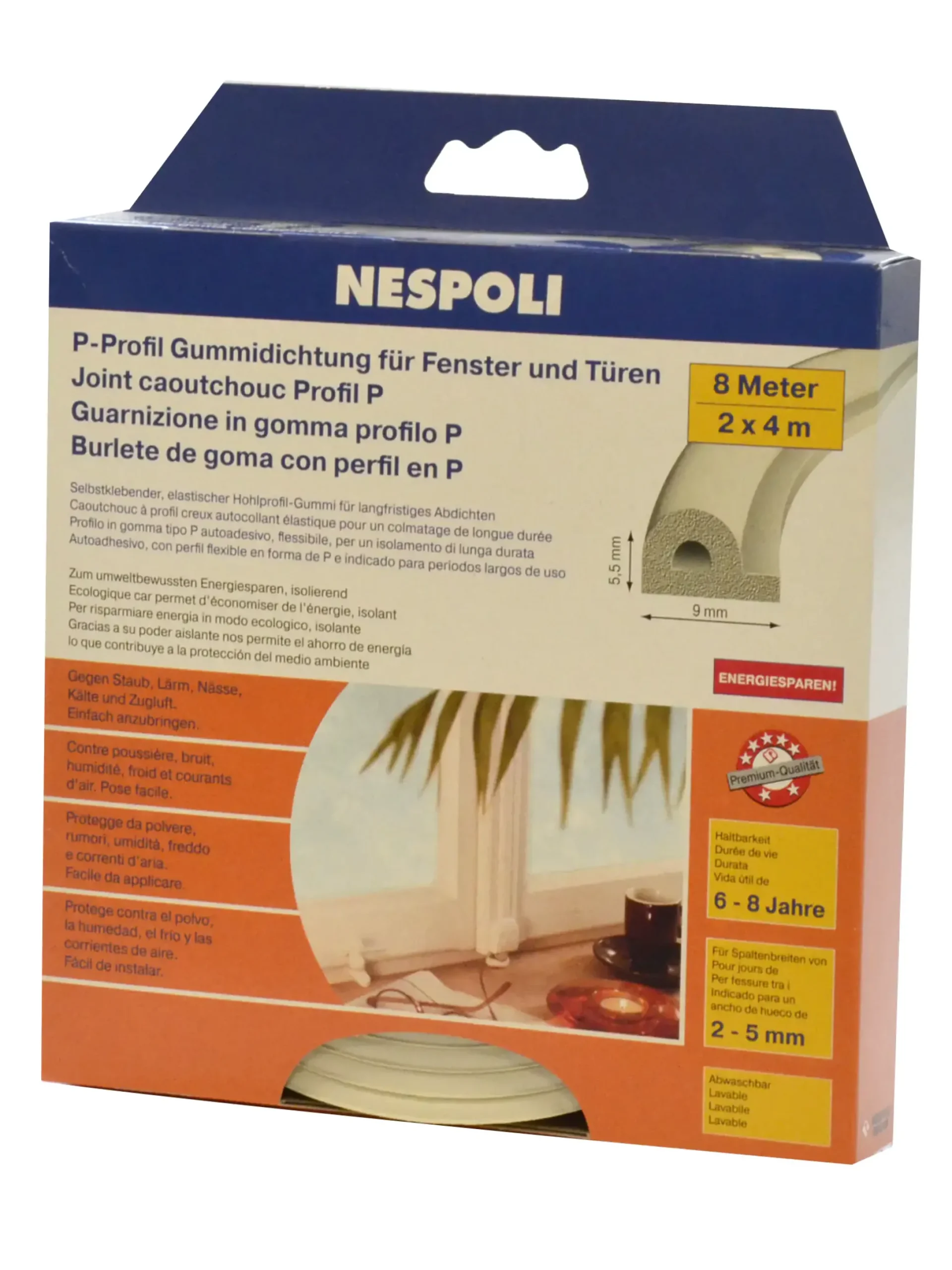 Nespoli Fenster- und Türdichtung mit P-Profil je 4 m, 9 x 5,5 mm, weiß, 2 Stück