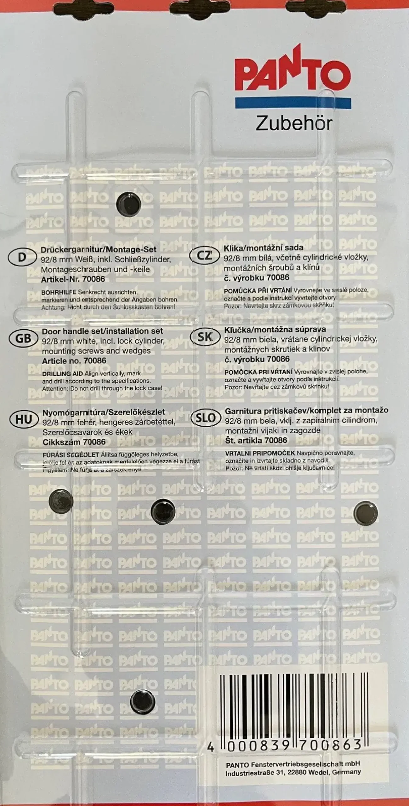 Panto Drückergarnitur 92/8 mm weiß inkl. Zylinder und Montageset