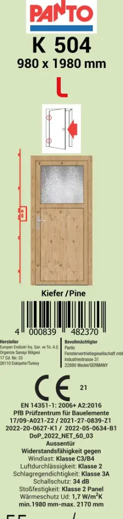 Panto Nebeneingangstür Kunststoff 504 98 x 198 cm DIN links Kieferdekor