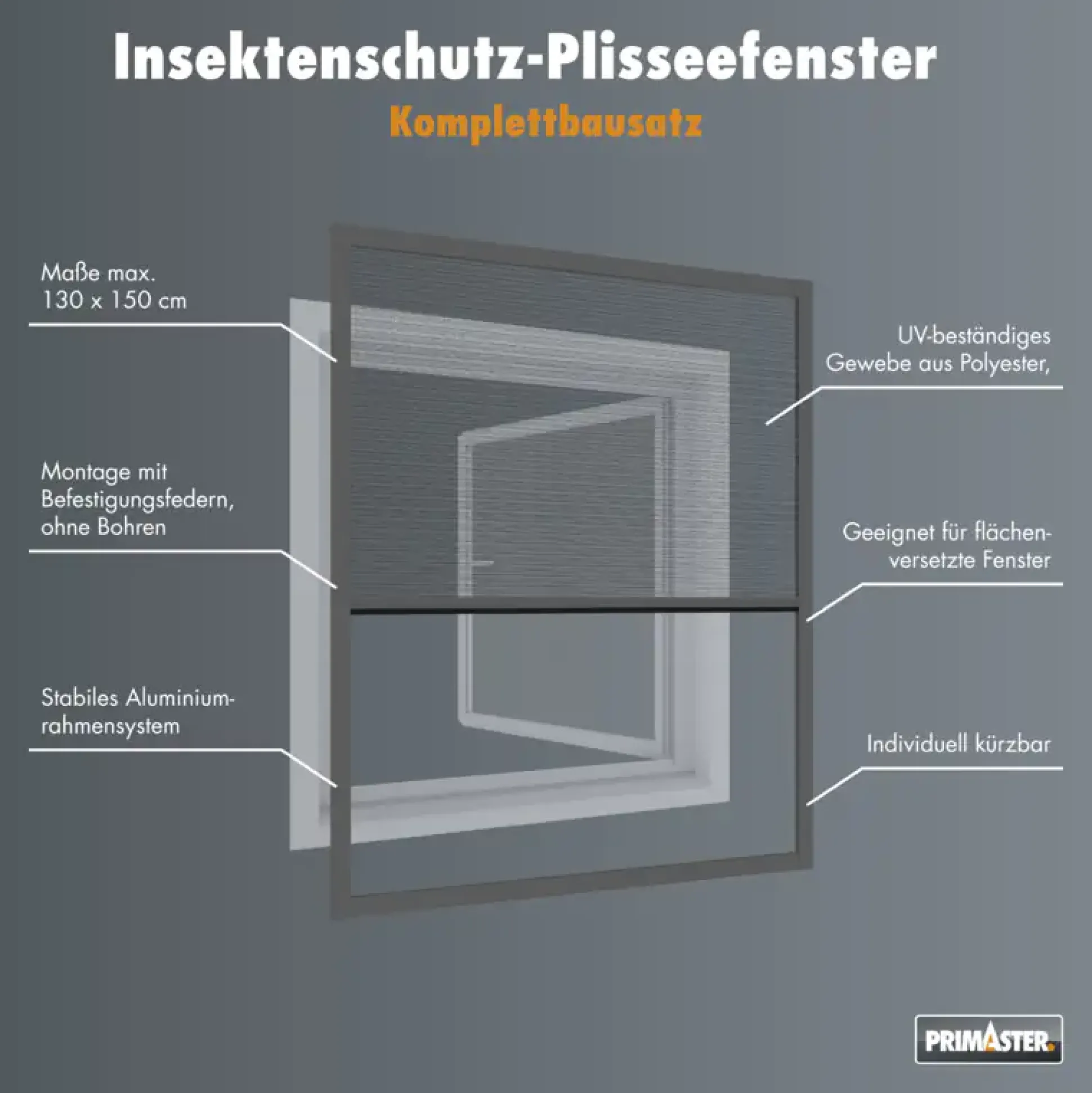 Primaster Fliegenschutz-Plissee 130 x 150 cm anthrazit/anthrazit kürzbar