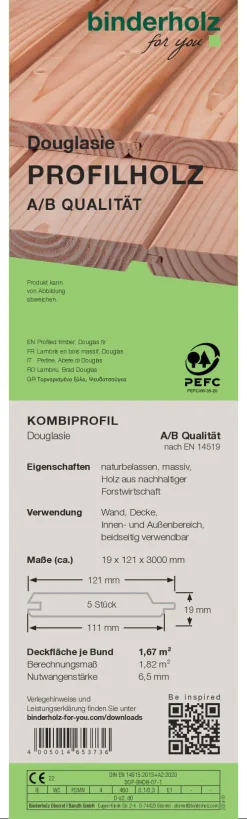 Profilholz Douglasie A B-Sortierung 300 x 12,1 cm 19 mm Kombiprofil