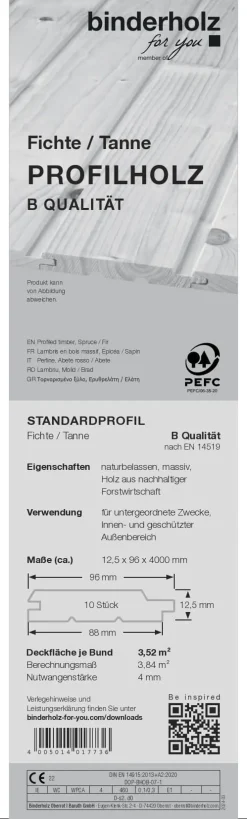 Profilholz Fichte B-Sortierung 400 x 9,6 cm 12,5 mm