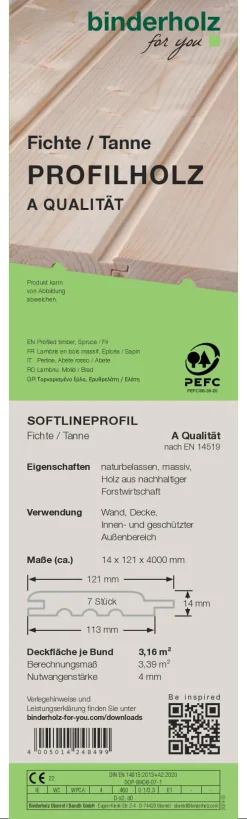 Profilholz Fichte Tanne A-Sortierung Softlineprofil 400 x 12,1 cm 14 mm