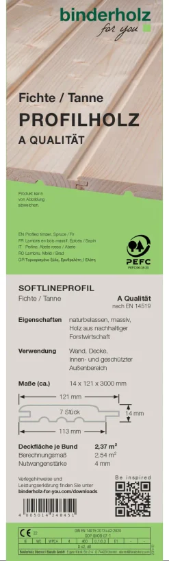 Profilholz Fichte Tanne A-Sortierung Softlineprofil 300 x 12,1 cm 14 mm