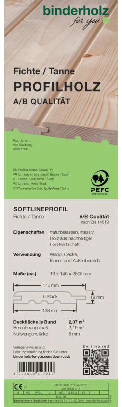 Profilholz Fichte Tanne B-Sortierung Softlineprofil 250 x 14,6 cm 19 mm