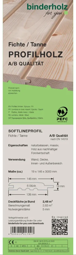 Profilholz Fichte Tanne B-Sortierung Softlineprofil 300 x 14,6 cm 19 mm
