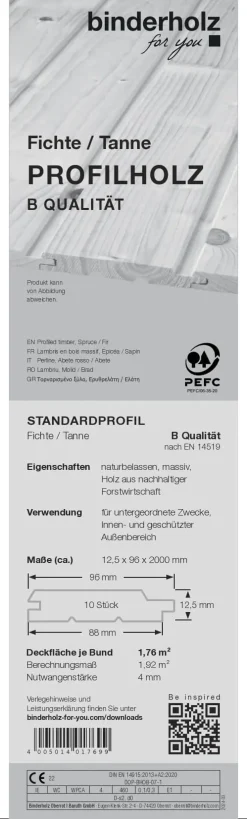 Profilholz Fichte Tanne B-Sortierung Schrägprofil 200 x 9,6 cm 12,5 mm