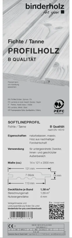 Profilholz Fichte Tanne Standard B-Sortierung Schrägprofil 200 x 12,1 cm 14 mm