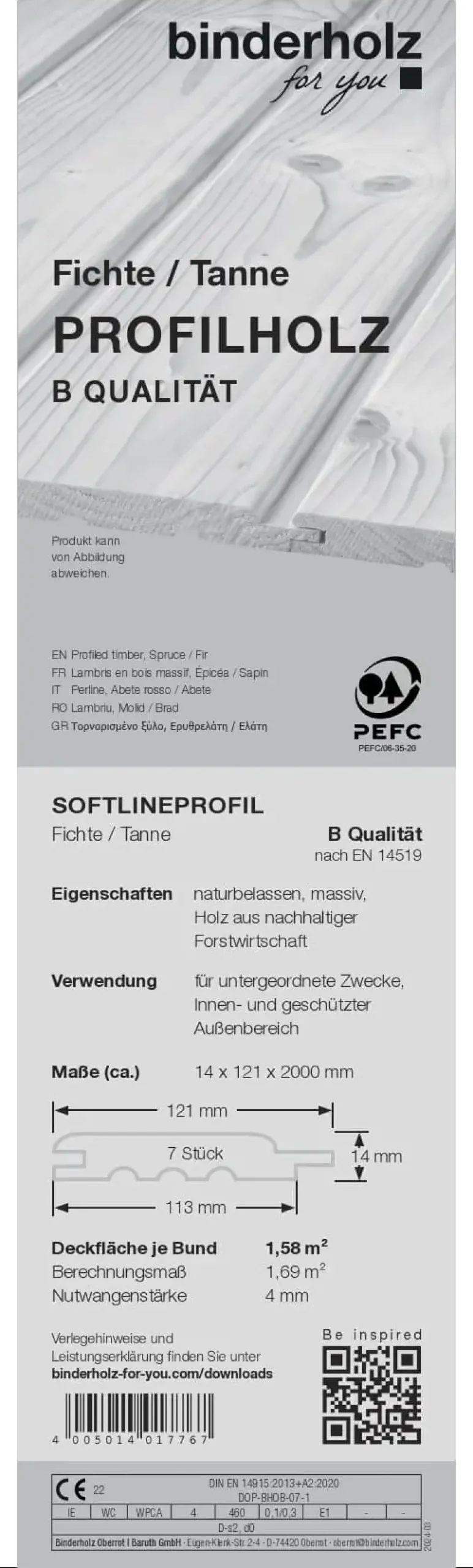 Profilholz Fichte Tanne Standard B-Sortierung Schrägprofil 200 x 12,1 cm 14 mm