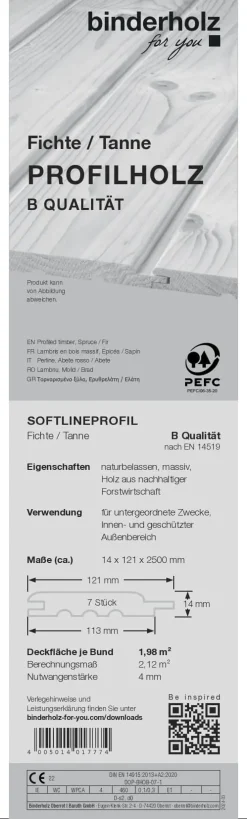 Profilholz Fichte Tanne Standard B-Sortierung Schrägprofil 250 x 12,1 cm 14 mm