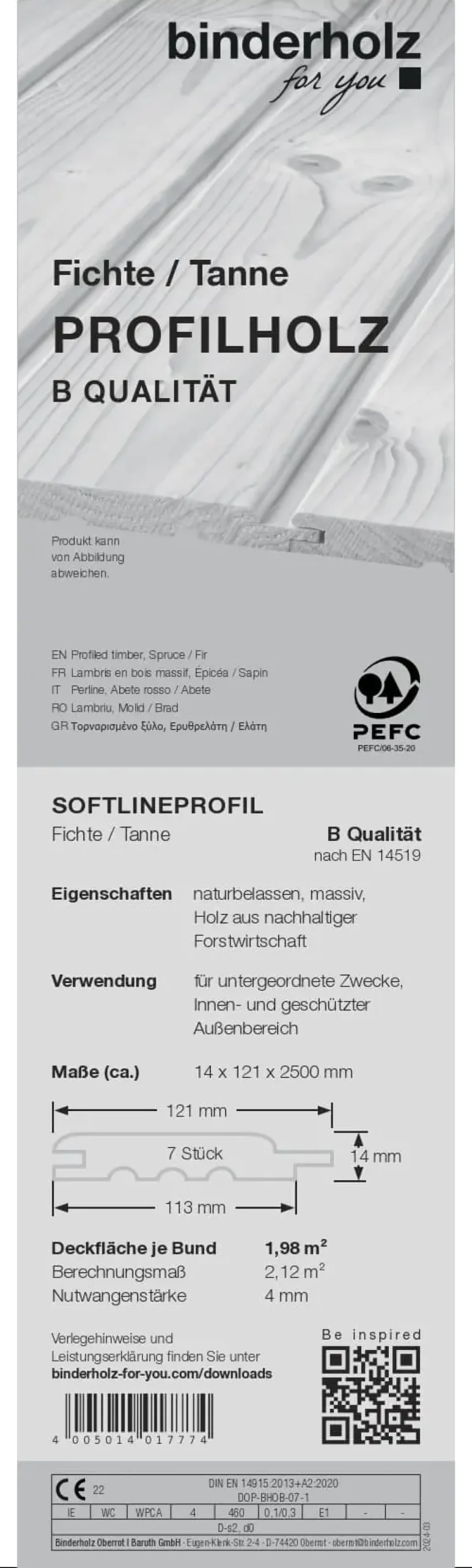 Profilholz Fichte Tanne Standard B-Sortierung Schrägprofil 250 x 12,1 cm 14 mm
