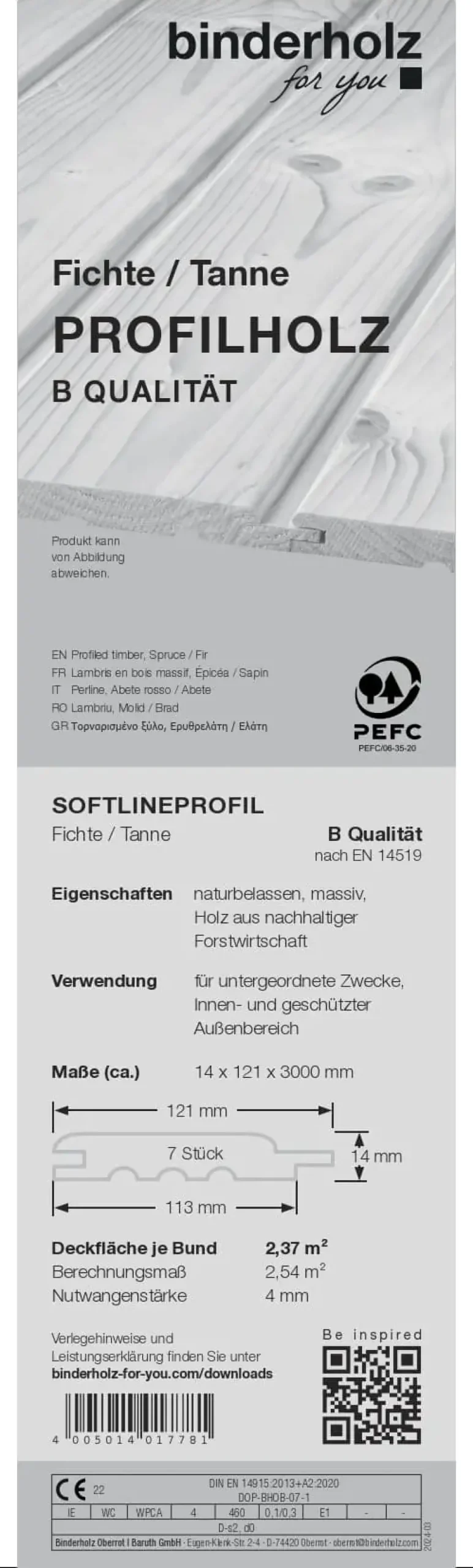 Profilholz Fichte Tanne Standard B-Sortierung Schrägprofil 300 x 12,1 cm 14 mm