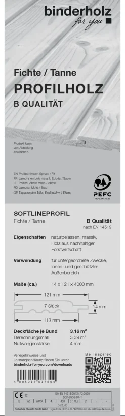 Profilholz Fichte Tanne Standard B-Sortierung Schrägprofil 400 x 12,1 cm 14 mm
