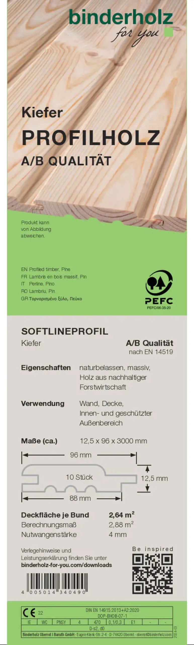 Profilholz Kiefer A B-Sortierung Softlineprofil 300 x 9,6 cm 12,5 mm