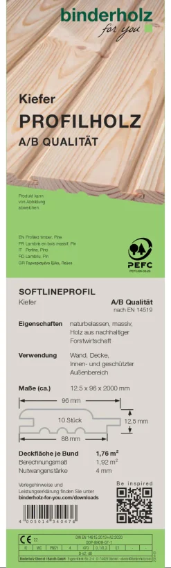 Profilholz Kiefer A B-Sortierung Softlineprofil 200 x 9,6 cm 12,5 mm