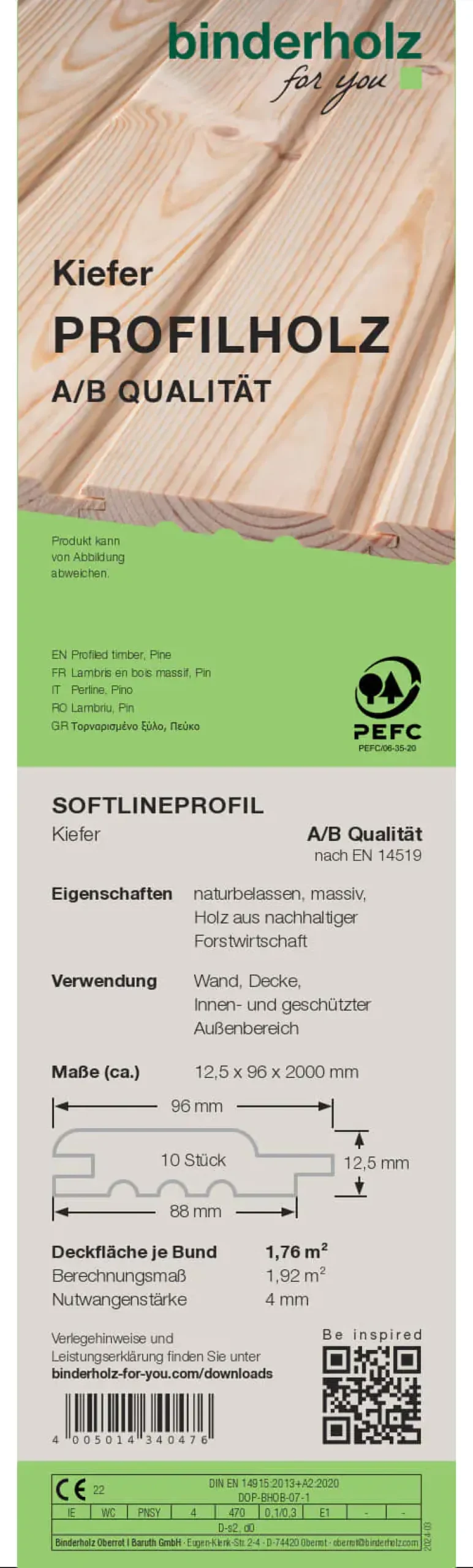 Profilholz Kiefer A B-Sortierung Softlineprofil 200 x 9,6 cm 12,5 mm