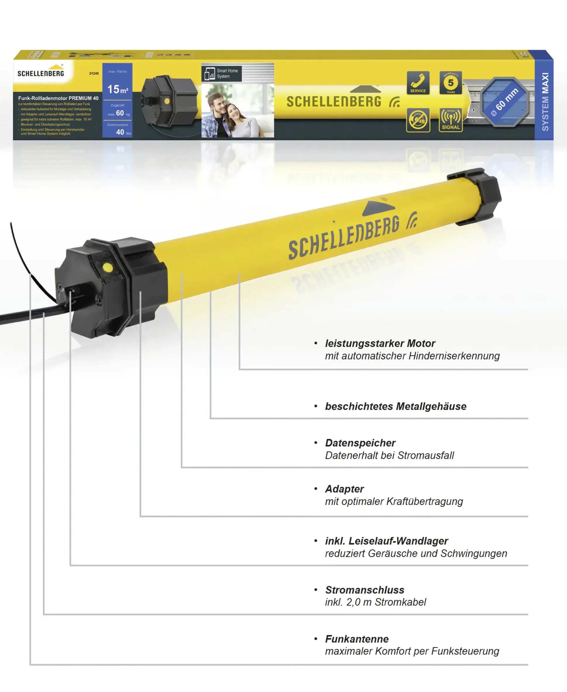 Schellenberg Funk-Rolladenmotor Premium 40 Nm Maxi für 60 mm Achtkantwelle