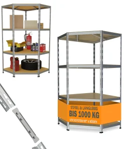 Werkstattregal eckig Stahl Rivet 180 x 90 cm 4 Holzböden 1000 kg